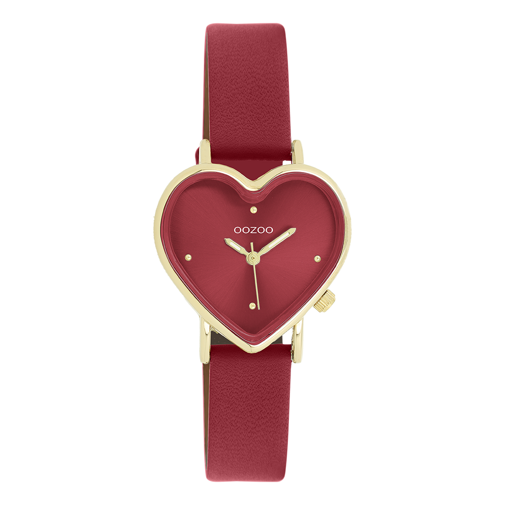 Gold coloured OOZOO watch with burgundy  leather strap - C11454