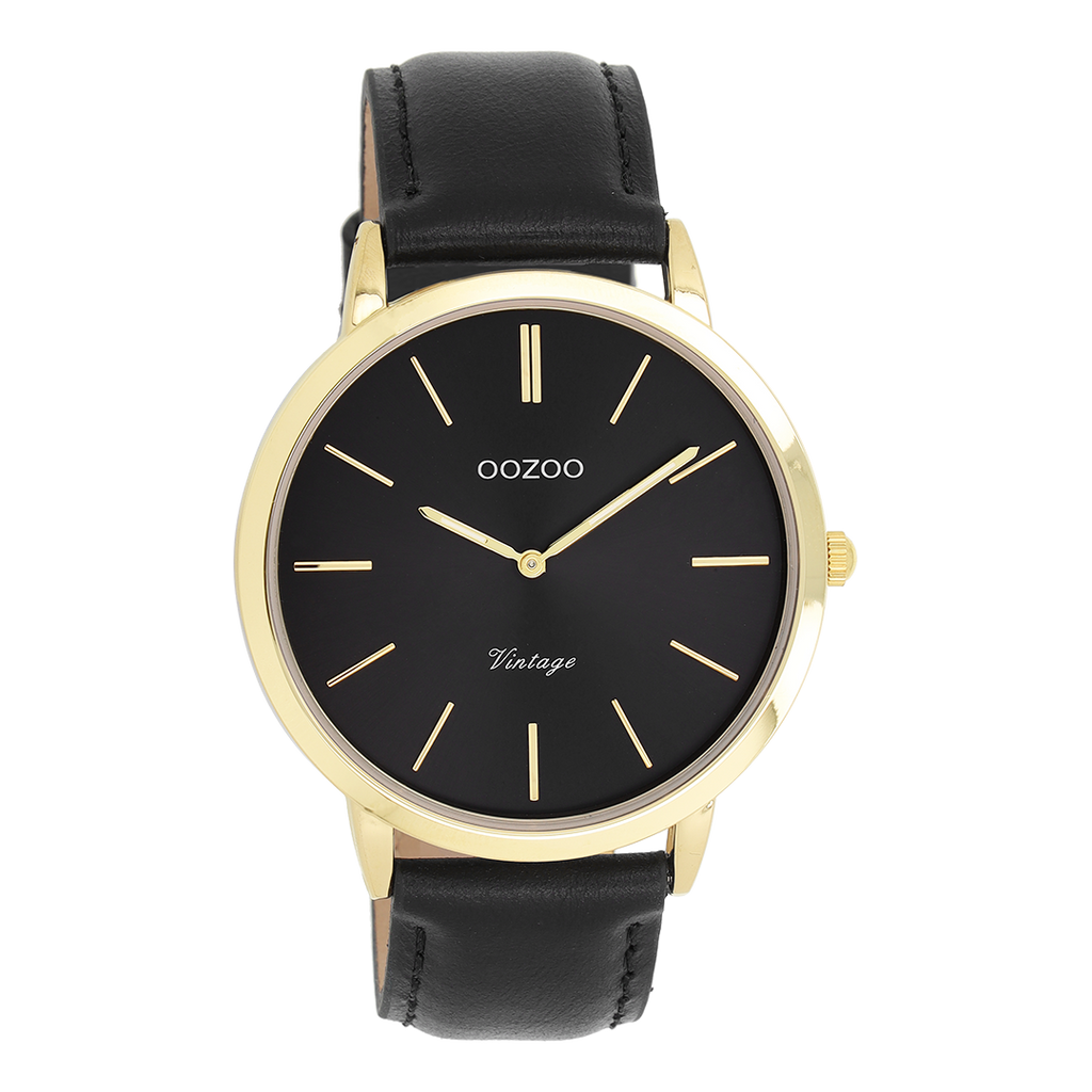 Gold coloured OOZOO watch with black leather strap - C20389