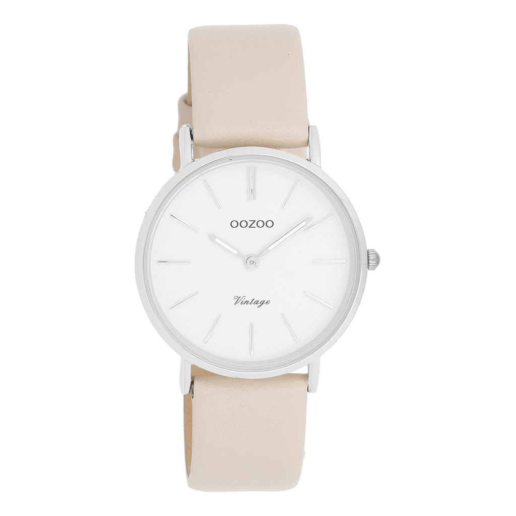 Silver coloured OOZOO watch with beige leather strap - C20391