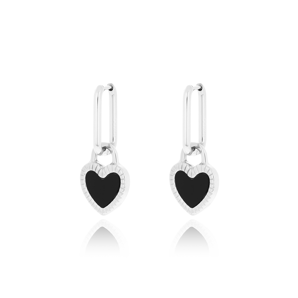 Silver coloured earrings with black & white heart charm