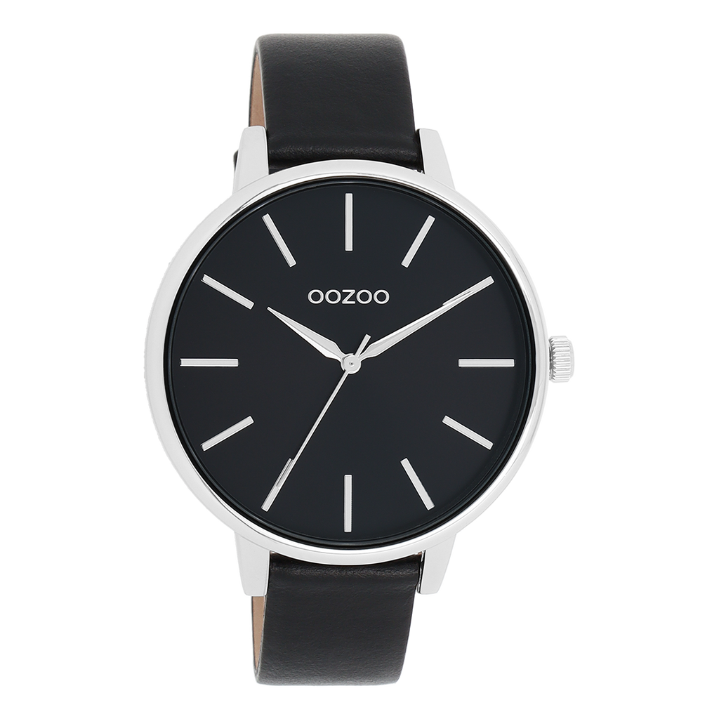 Silver coloured OOZOO watch with black leather strap - C11293