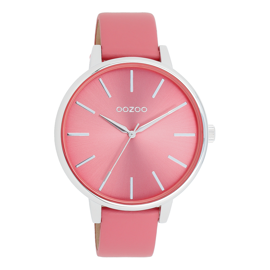 Silver coloured OOZOO watch with pink shell coloured leather strap - C11295