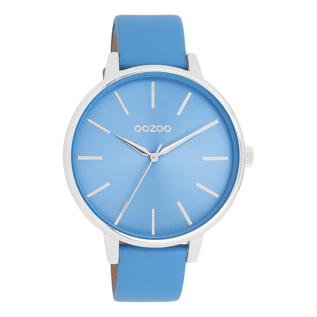 Silver coloured OOZOO watch with mineral blue leather strap - C11296