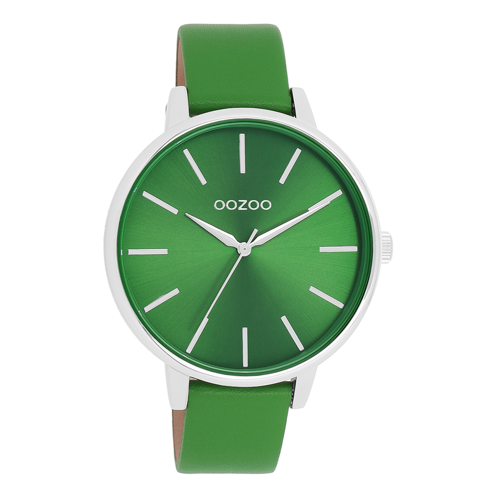 Silver coloured OOZOO watch with green leather strap - C11297