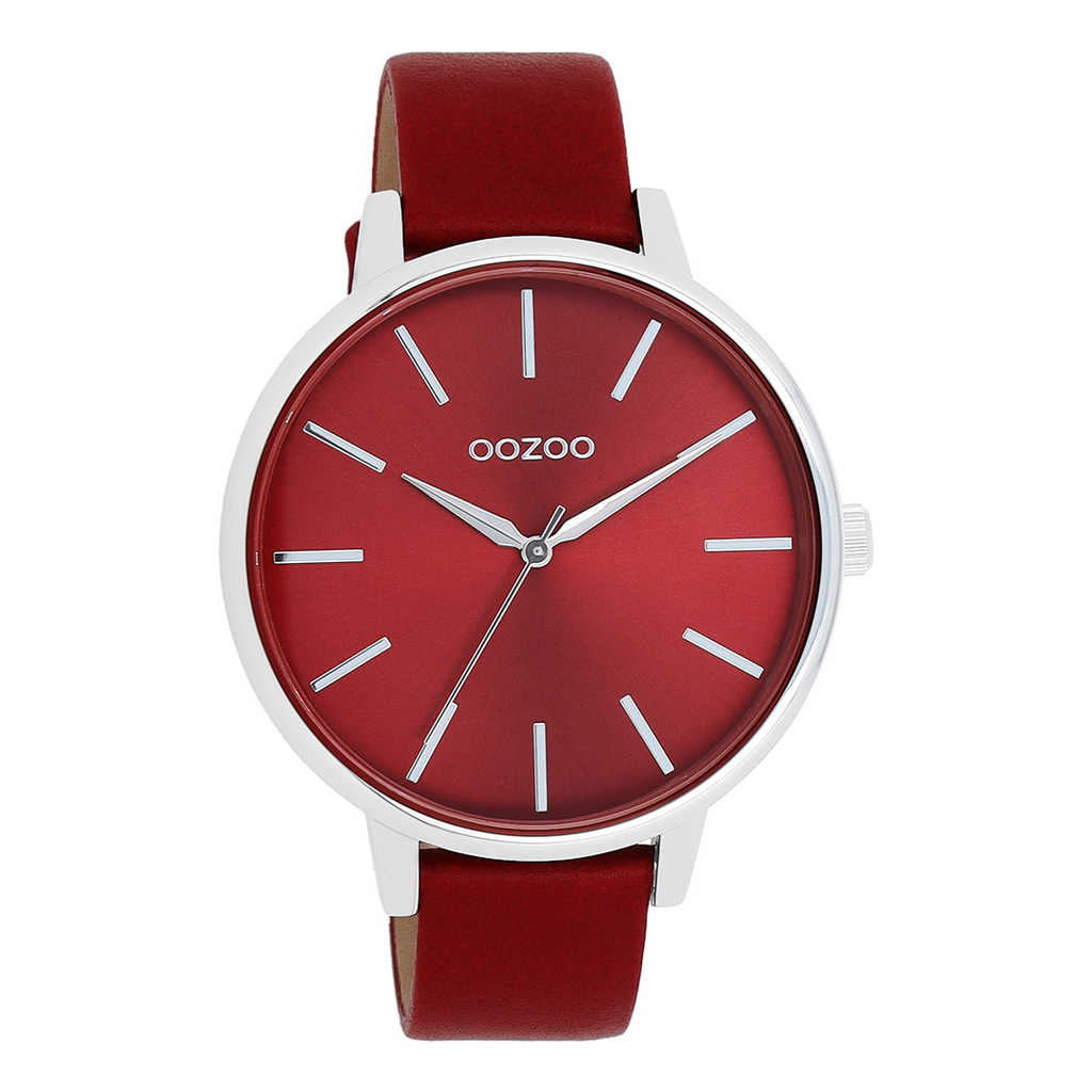 Silver coloured OOZOO watch with dahlia red leather strap - C11299